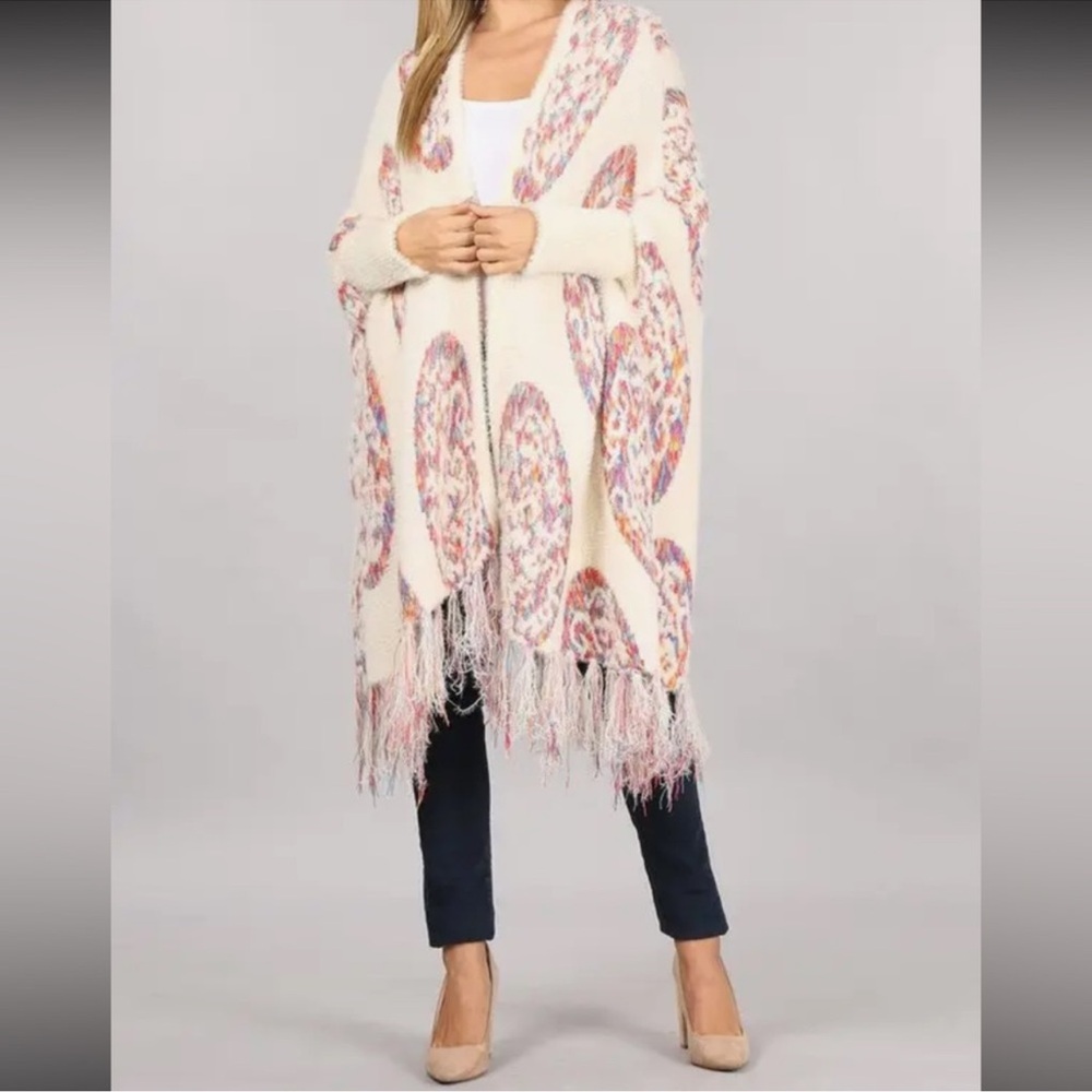 Oceanus Multicolor Fringe Knit Shawl cardigan Sz S fits overside